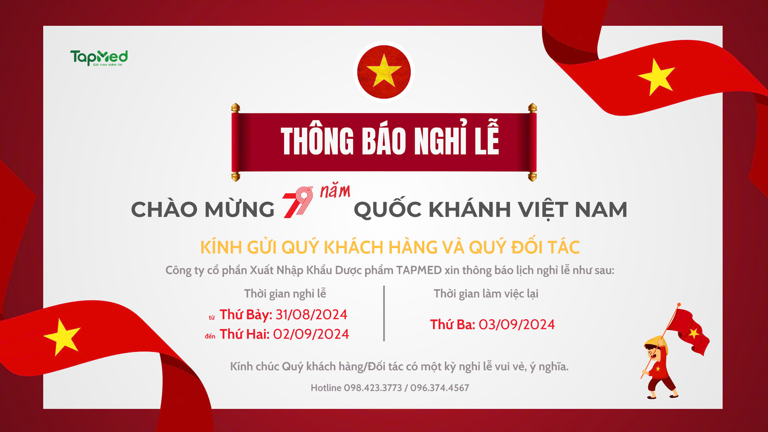 THÔNG BÁO V/v: Lịch nghỉ lễ ngày Quốc Khánh 02/09/2024